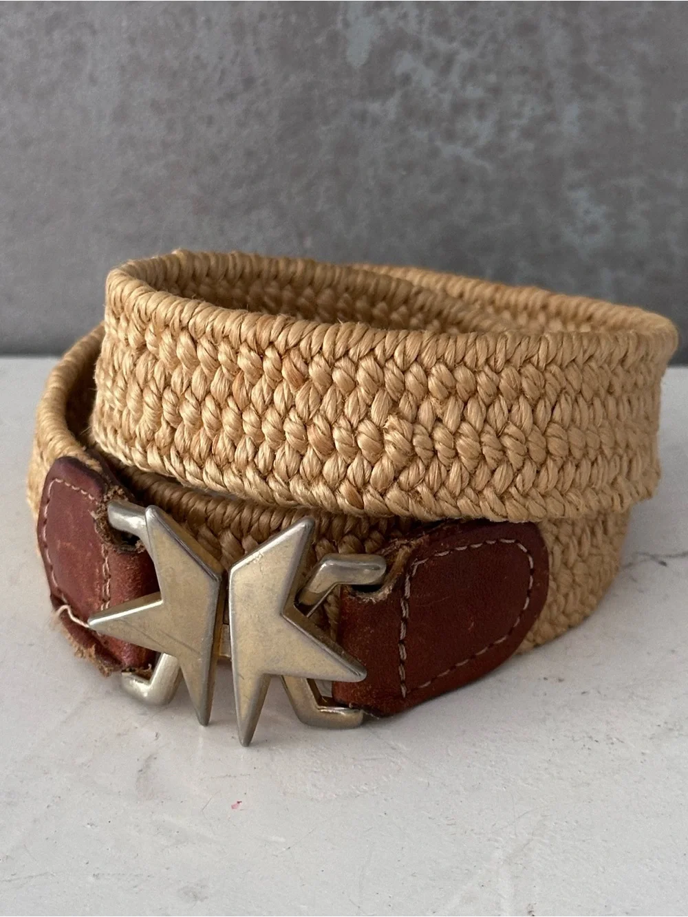 VINTAGE Beige Stretchy Woven Belt STAR BUCKLE - Women's SMALL